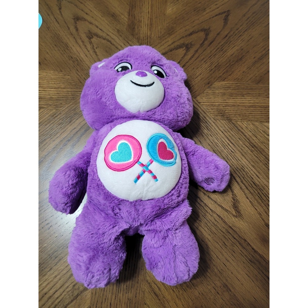 Basic Fun Care Bears purple share Bear with lollipops On Tummy Plush‎ about 10"